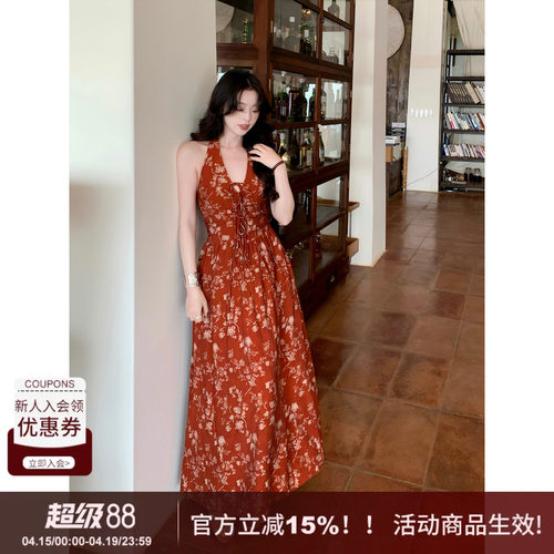 SYT自制挂脖抹胸绑带花朵连衣裙