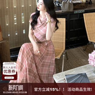 新款 SYT原创 格子荡领显瘦连衣裙女2026春季 经典 收腰大摆长裙 法式