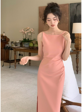 SYT经典肯豆 法式一字领收腰开衩连衣裙女高级感气质显瘦吊带裙子