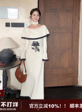 SYT自制 大圆领围脖花朵羊毛针织连衣裙女冬喇叭袖收腰A型修身裙