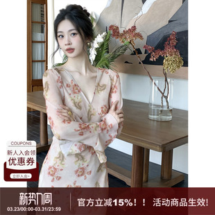 花朵连衣裙女秋新款 温柔仙美v领喇叭袖 SYT自制 印花长裙 弥纱