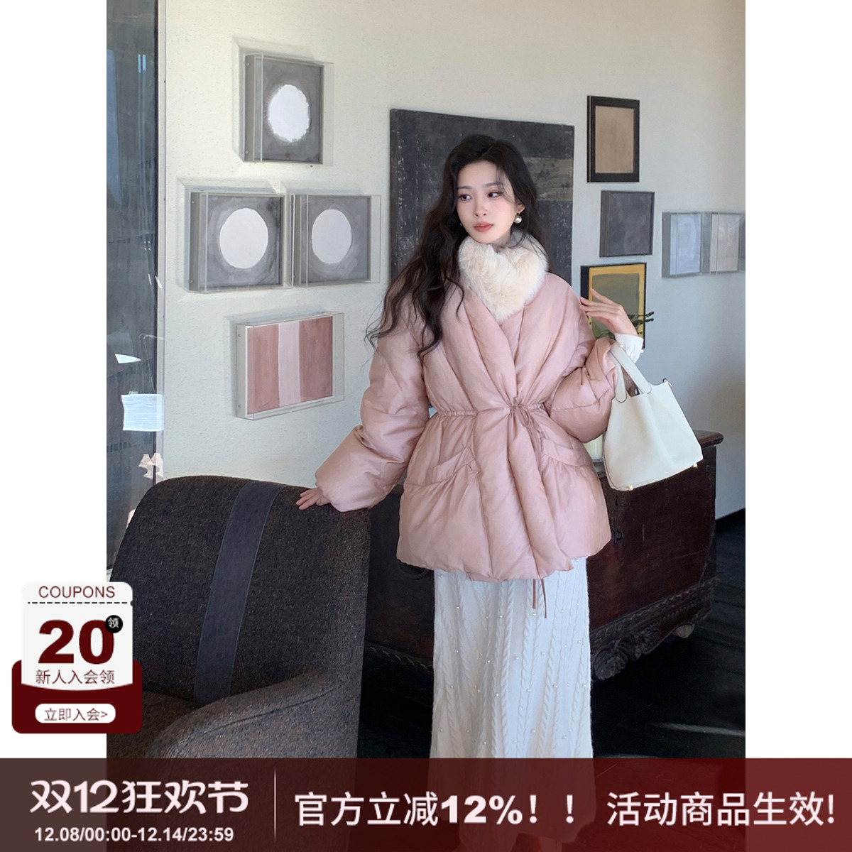 SYT现货狐狸毛围脖收腰羽绒服