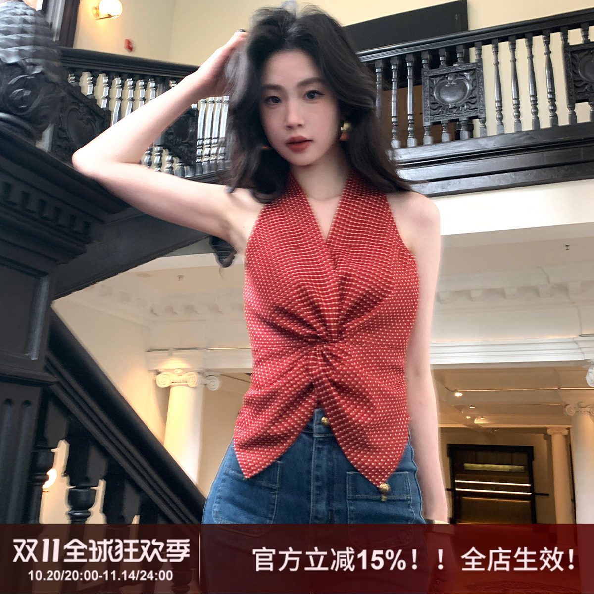 SYT港风复古格子无袖上衣马甲