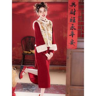 拜年服新年战袍新中式 红色旗袍敬酒服2025新款 冬加绒加厚订婚套装