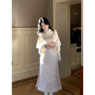 加绒加厚连衣裙女 温柔国风改良旗袍提花毛边新中式 2025年冬季 新款