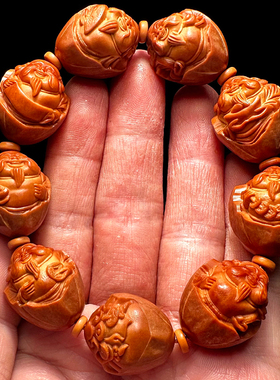 短圆包衣八大财神男士橄榄核手串男款核雕原皮八宝财神爷八方来财