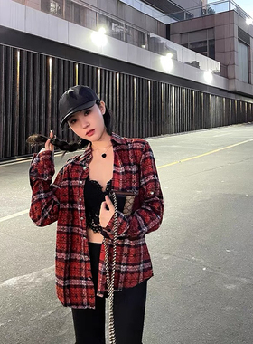 LINDWEE 重工刺绣条纹十字花格子衬衫女设计感新款翻领衬衣外套