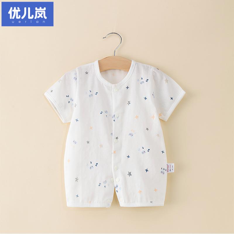 婴儿连体衣服夏季纱布薄款女宝宝睡衣短袖哈衣开档新生儿爬服