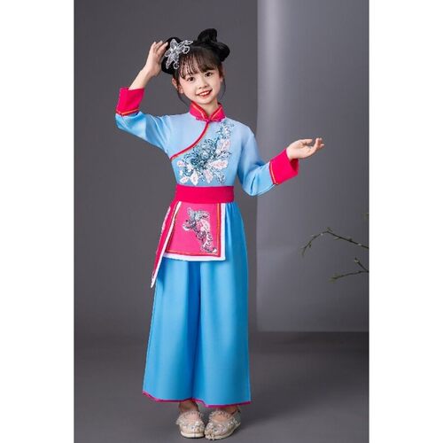 采茶舞演出服装儿童古典舞采茶舞蹈演出服女童新款秧歌服乡村新颜
