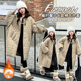 女童珩棉外套2025冬季新款韩系中长款棉服外出中大童加厚棉袄