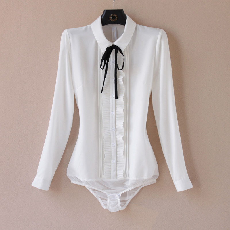 2022春秋女雪纺压褶小众设计感长袖白色连体衬衣女修身蝴蝶结上衣