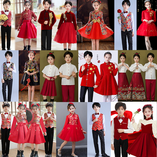 儿童中国风演出服男童合唱服红色礼服女童琵琶民乐演奏古筝表演服