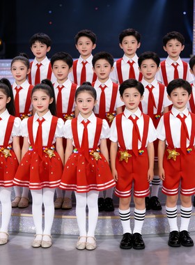 儿童合唱服演出服幼儿园小学生男女童背带裙背带裤红歌朗诵表演服