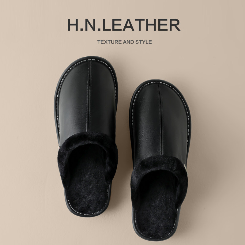 头层牛皮秋冬季棉拖鞋男女居家用厚底室内防滑真皮面防水冬天保暖