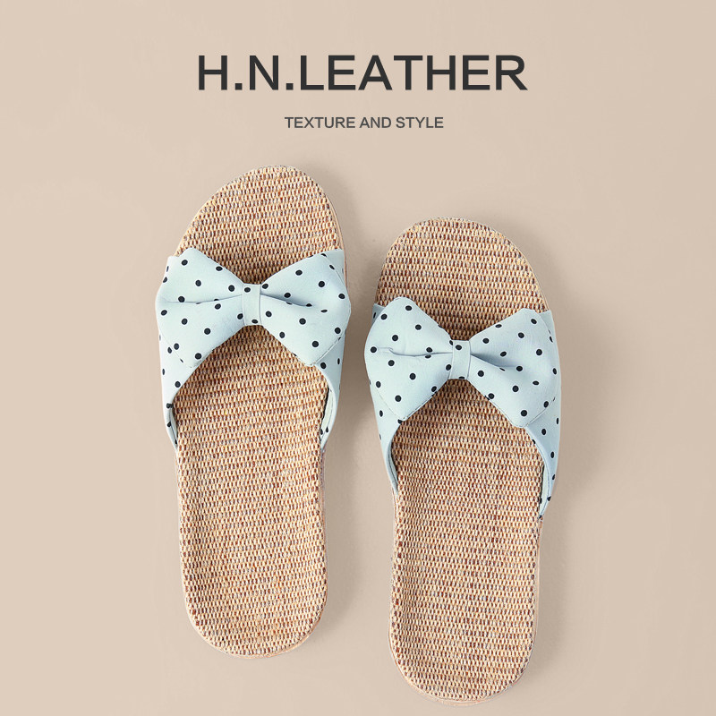 亚麻盆底日式简约居家拖鞋透气防臭耐磨静音女士款居家日用蝴蝶结