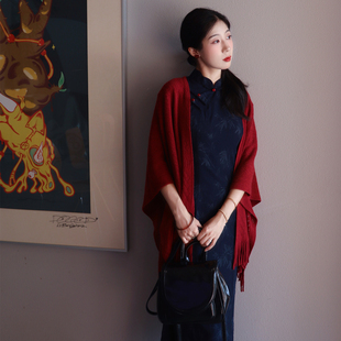 竹影新中式 改良旗袍深蓝色显白气质优雅女民国风红色披肩百搭日常