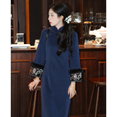 加绒藏蓝色民国风显白女宽松长袖 冬季 改良旗袍2025新款 川晓新中式