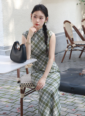 抹茶格新中式旗袍2026新款绿色格子民国风文艺夏季女日常修身显白