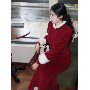 拜年服新年战袍红色女长袖 荼蘼新中式 旗袍新娘订婚敬酒服改良冬季