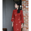 长袖 红色秋季 复古日常女显白气质国风 改良旗袍2025新款 蜻蜓新中式