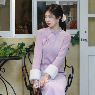 加绒加厚女改良高贵优雅紫色 冬季 木槿新中式 旗袍国风秋冬2024新款