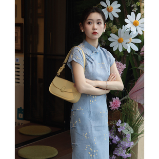 少女夏季 改良小个子文艺年轻款 显瘦蓝色 旗袍2026新款 小竹花新中式