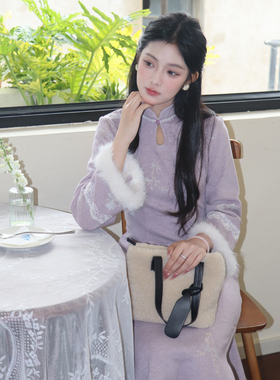 紫罗新中式旗袍冬装2025新款加绒加厚紫色冬季气质优雅国风保暖女