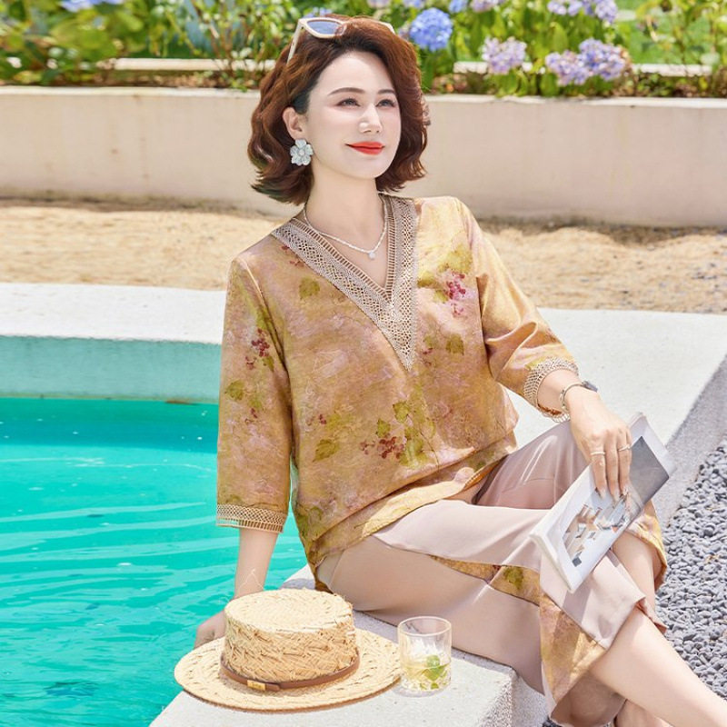 夏季中老年女装新中式国风大码套装洋气妈妈中袖上衣阔腿裤两件套