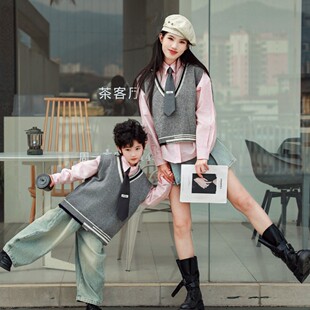 亲子装母子母女春装针织马甲衬衫套装时尚儿童学院风粉色长袖衬衣