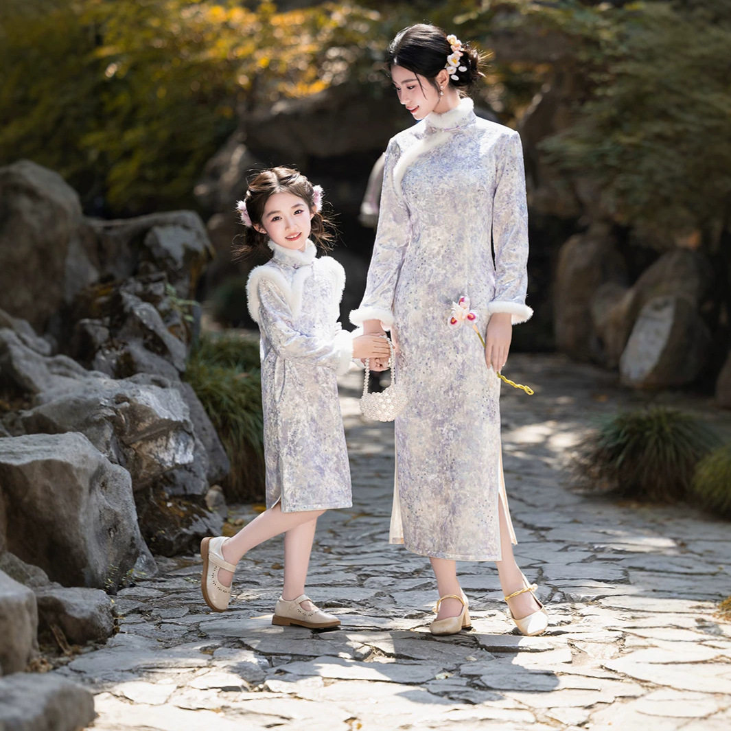 秋冬加绒母女中式改良旗袍连衣裙