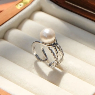 Lucky S925纯银精工绑带绳结珍珠戒指镶钻打结不对称双层指环女