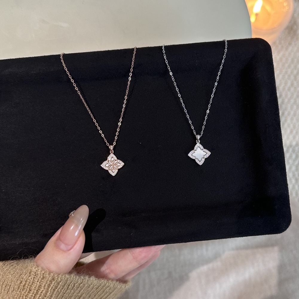 Lucky K S925纯银复古贝母双面四叶花项链小众设计新中式锁骨链