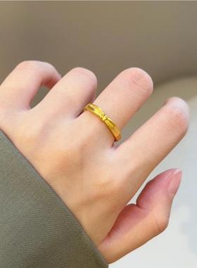 Lucky K 925纯银镀18K古法黄金磨砂不规则蝴蝶结开口食指戒指环