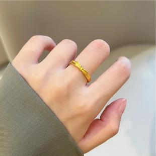 Lucky 925纯银镀18K古法黄金磨砂不规则蝴蝶结开口食指戒指环