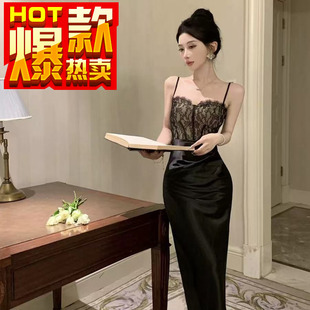 法式 性感黑色蕾丝拼接吊带连衣裙女气质御姐风轻熟晚礼服包臀长裙