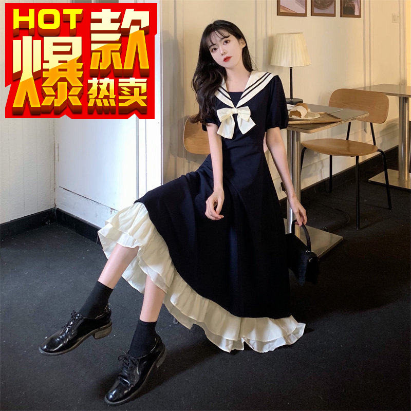 法式甜美减龄海军领学院风连衣裙夏装大码胖mm遮肚显瘦洛丽塔长裙