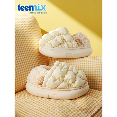 天美意儿童棉拖鞋小泡芙亲子鞋男孩室内家居鞋秋冬棉鞋拖鞋包跟