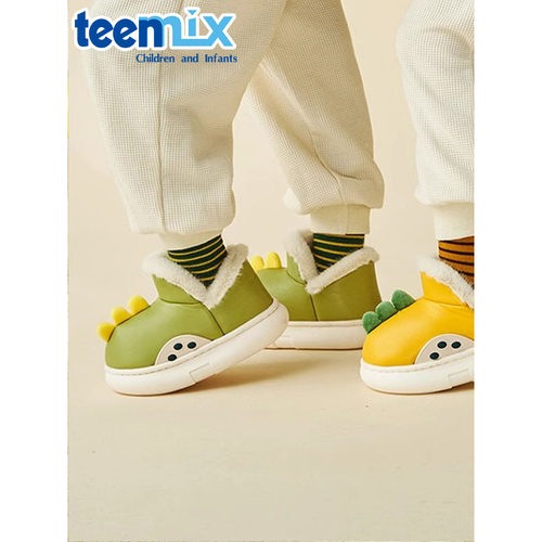 天美意男童拖鞋冬季家居保暖女宝棉拖鞋包跟儿童卡通可爱恐龙棉鞋