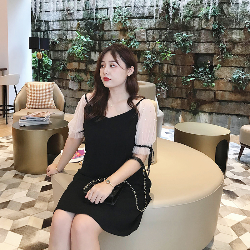 胖妹妹mm连衣裙大码女装新款夏装A字裙子遮肚珍珠网纱袖洋气显瘦