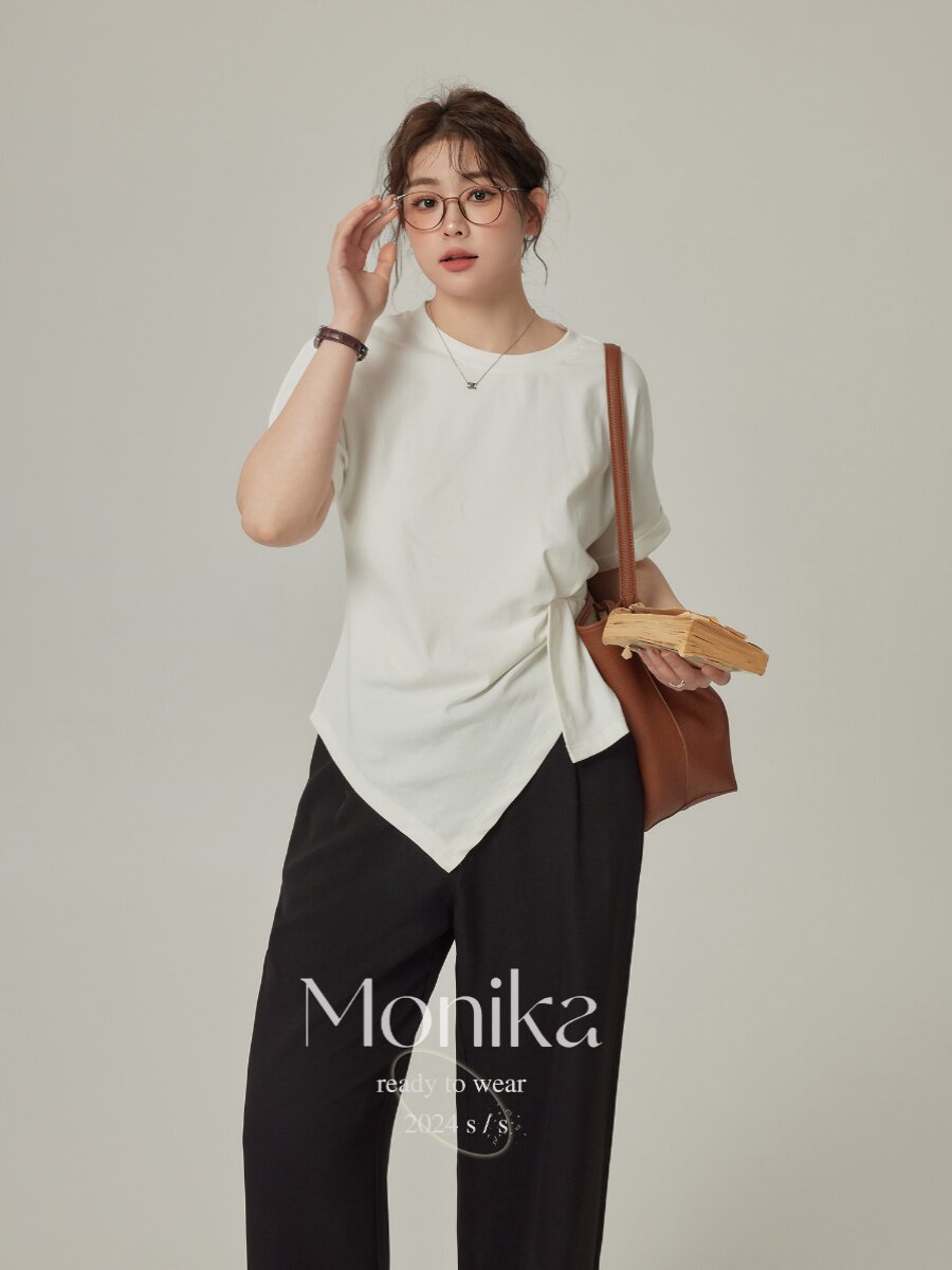 모니카 대형 라운드 넥 반팔 오른쪽 어깨 티셔츠 여성용 여름 신작 슬림 디자인 틈새 불규칙 탑