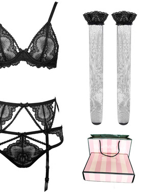 新款精致花卉蕾丝内衣超薄性感露胸内裤黑色吊带袜文胸套装女性夏