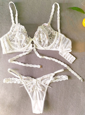 孔雀南唯美蕾丝超薄少女内衣胸罩性感纯欲文胸丁字裤套装白色L码