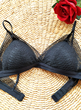 法式精美蕾丝边文胸黑色薄海棉无钢圈三角杯性感胸罩乳罩少女L/XL