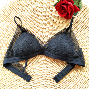 法式 精美蕾丝边文胸黑色薄海棉无钢圈三角杯性感胸罩乳罩少女L