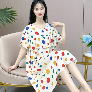 棉绸防凸点荷叶边遮胸凉快的家居睡衣女可外穿时尚不带胸垫睡裙
