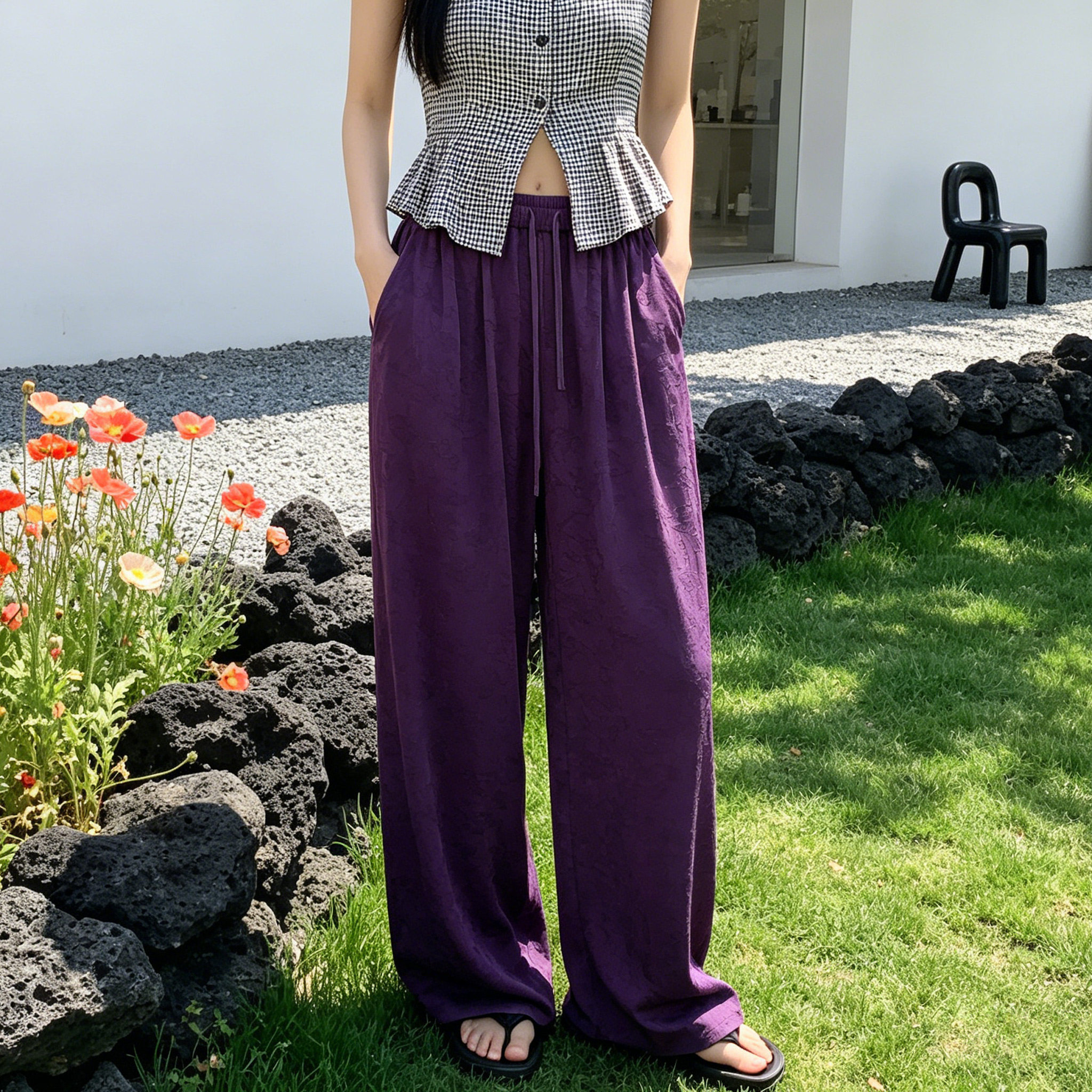 2026新款纯色棉绸阔腿裤女夏季大码时尚显瘦新中式提花直筒休闲裤图片