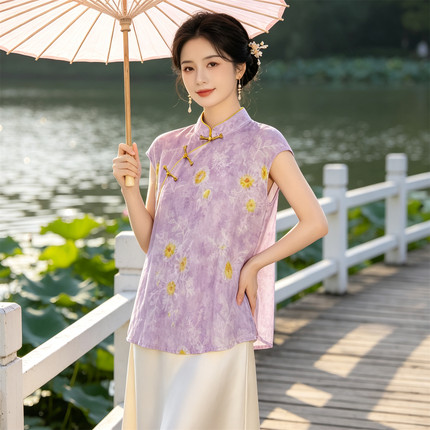 夏季轻薄款棉绸无袖新中式国风上衣盘扣马甲背心大码女装坎肩衬衫