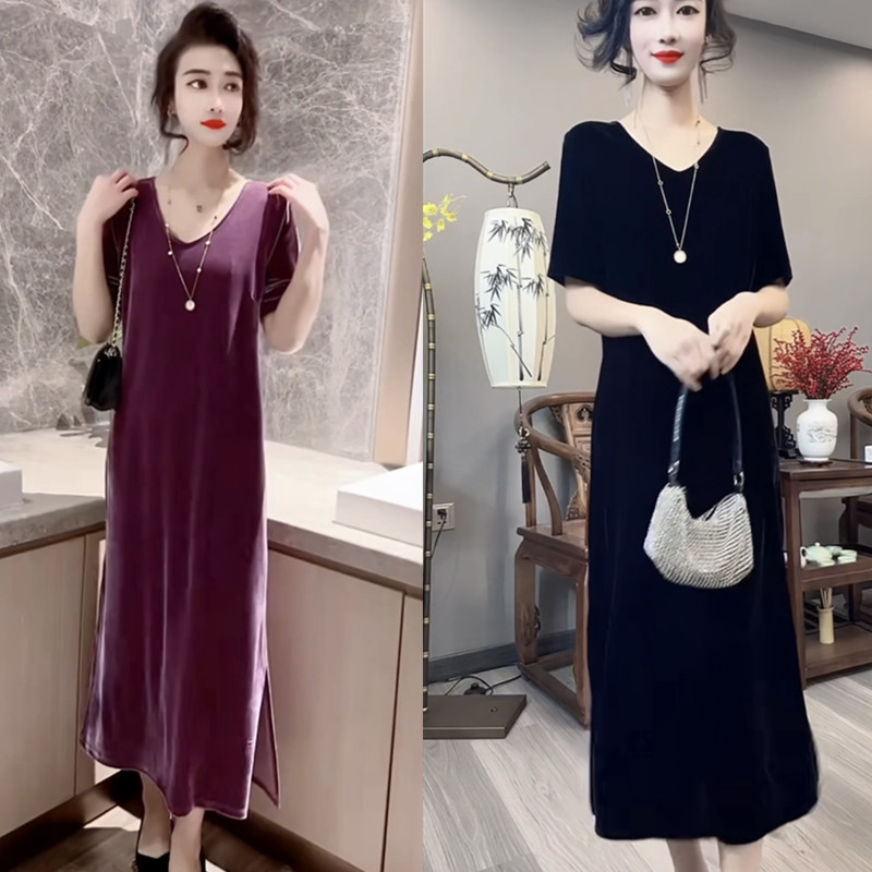 金丝绒开叉长款连衣裙夏季新款V领短袖显高显瘦高级感纯色打底裙