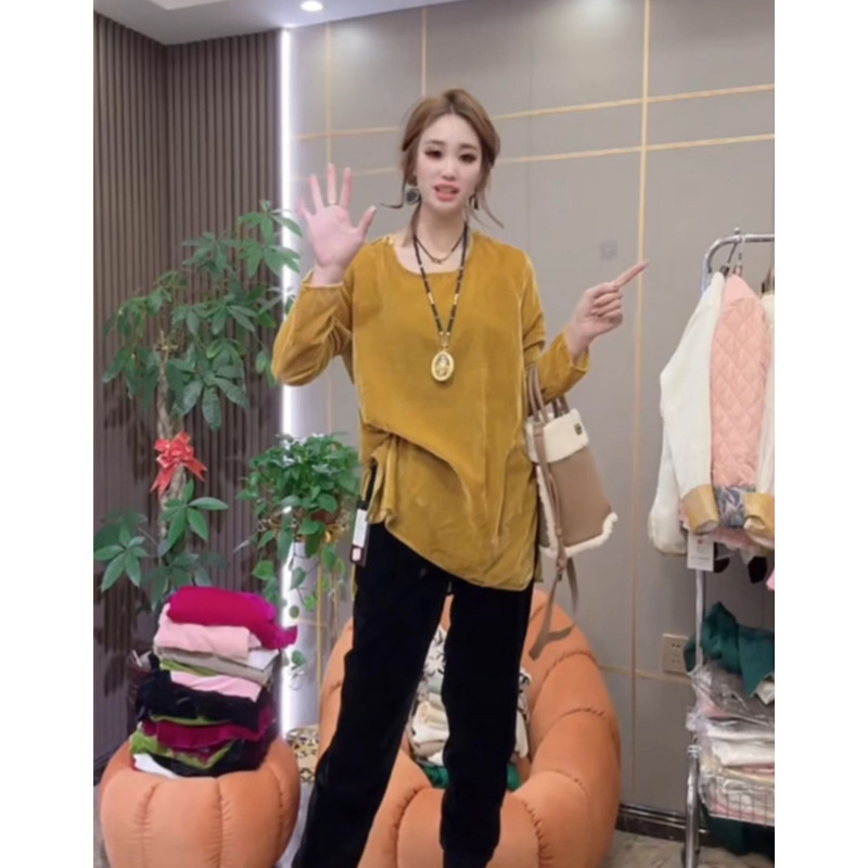 欧货长袖套头宽松圆领纯色真丝绒小衫女秋冬款糖果色中长款打底衫