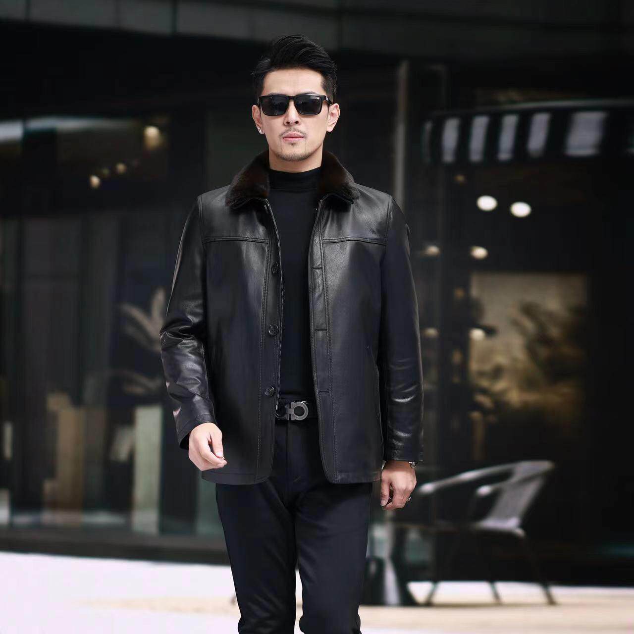 皮衣男真皮小牛皮冬季中年夹克加厚保暖仿貂绒皮毛一体可脱卸外套,男装,皮衣,淘宝优惠券,粉丝福利购,淘宝优惠卷